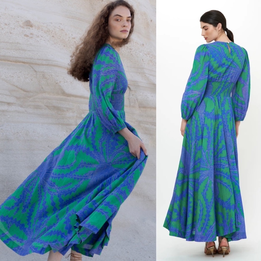 Oliphant Crew Neck Smocked Waist Maxi in Thistle Green XS - Picture 2 of 13